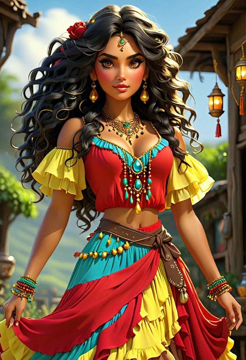 ((Shulamite gypsy )) millions of yellow and red roses , Stands tall and shows off your perfect figure at all times covers your entire body Dresses in shades of red,doradas, yellow with a puffy blouse full of ruffles, gypsy scarf on the shoulders and a beautiful long colorful skirt, , Super beautiful, 8k realistic , ((black hair)), Golden-Brunette-Skin, black eyes, Ultra-realistic muscular body, Dress up in a magical gypsy outfit , with a magical and mystical touch, with slime hair , proto, inspired by Izzy Medrano, 3D 18K UHD., golden bracelets, , brincos doradass ,16K, elements: Terra 8K UHD SURREAL. Gypsy deck: Used for divination and spiritual guidance,colorful scarves: Represent magic and protection, incense: For purification and connection with the spiritual plane, Stones and Jewels: Have specific energies.
Colorful Clothing: Gypsy skirts are magical working instruments. UHD 18K.