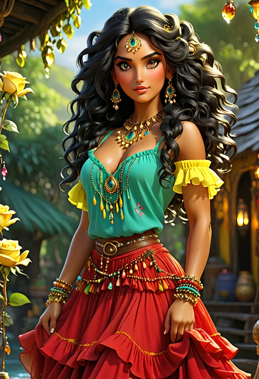 ((Shulamite gypsy )) millions of yellow and red roses , Stands tall and shows off your perfect figure at all times covers your entire body Dresses in shades of red,doradas, yellow with a puffy blouse full of ruffles, gypsy scarf on the shoulders and a beautiful long colorful skirt, , Super beautiful, 8k realistic , ((black hair)), Golden-Brunette-Skin, black eyes, Ultra-realistic muscular body, Dress up in a magical gypsy outfit , with a magical and mystical touch, with slime hair , proto, inspired by Izzy Medrano, 3D 18K UHD., golden bracelets, , brincos doradass ,16K, elements: Terra 8K UHD SURREAL. Gypsy deck: Used for divination and spiritual guidance,colorful scarves: Represent magic and protection, incense: For purification and connection with the spiritual plane, Stones and Jewels: Have specific energies.
Colorful Clothing: Gypsy skirts are magical working instruments. UHD 18K.