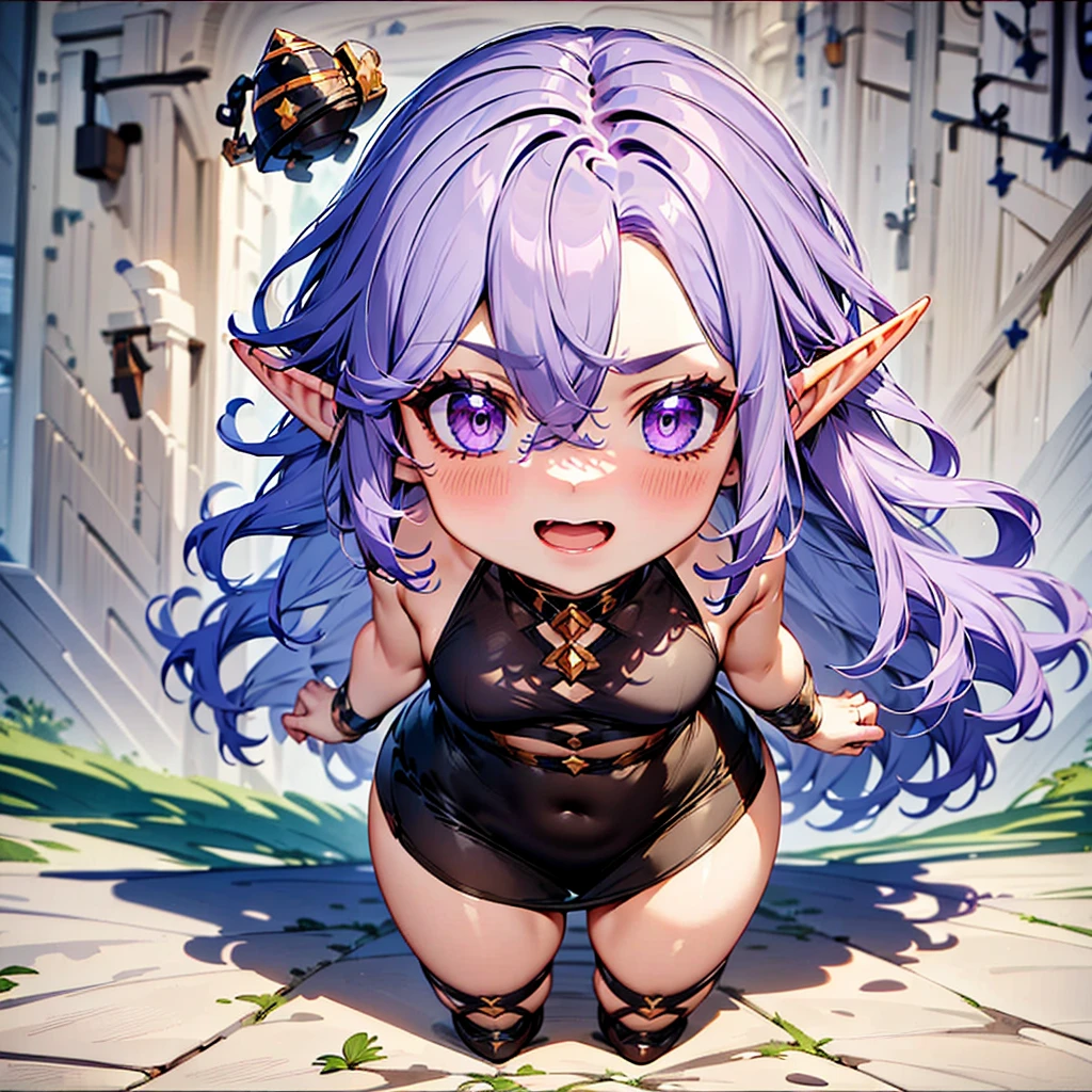 Chibi character pixel art, ((Lady elf)), 1 girl, long purple hair, purple eyes, witch, elf, pointed ears, elf ears, elf woman, standing, walking, Chibi style, shapely breasts, high quality pixel art, Gege Akutami, photography, beautiful, colorful, realistic, masterpieces, top quality, best quality, official art, beautiful and aesthetic, perfect anatomy, mini solo chibi, angry, flower garden, happy, smiling, cheerful.