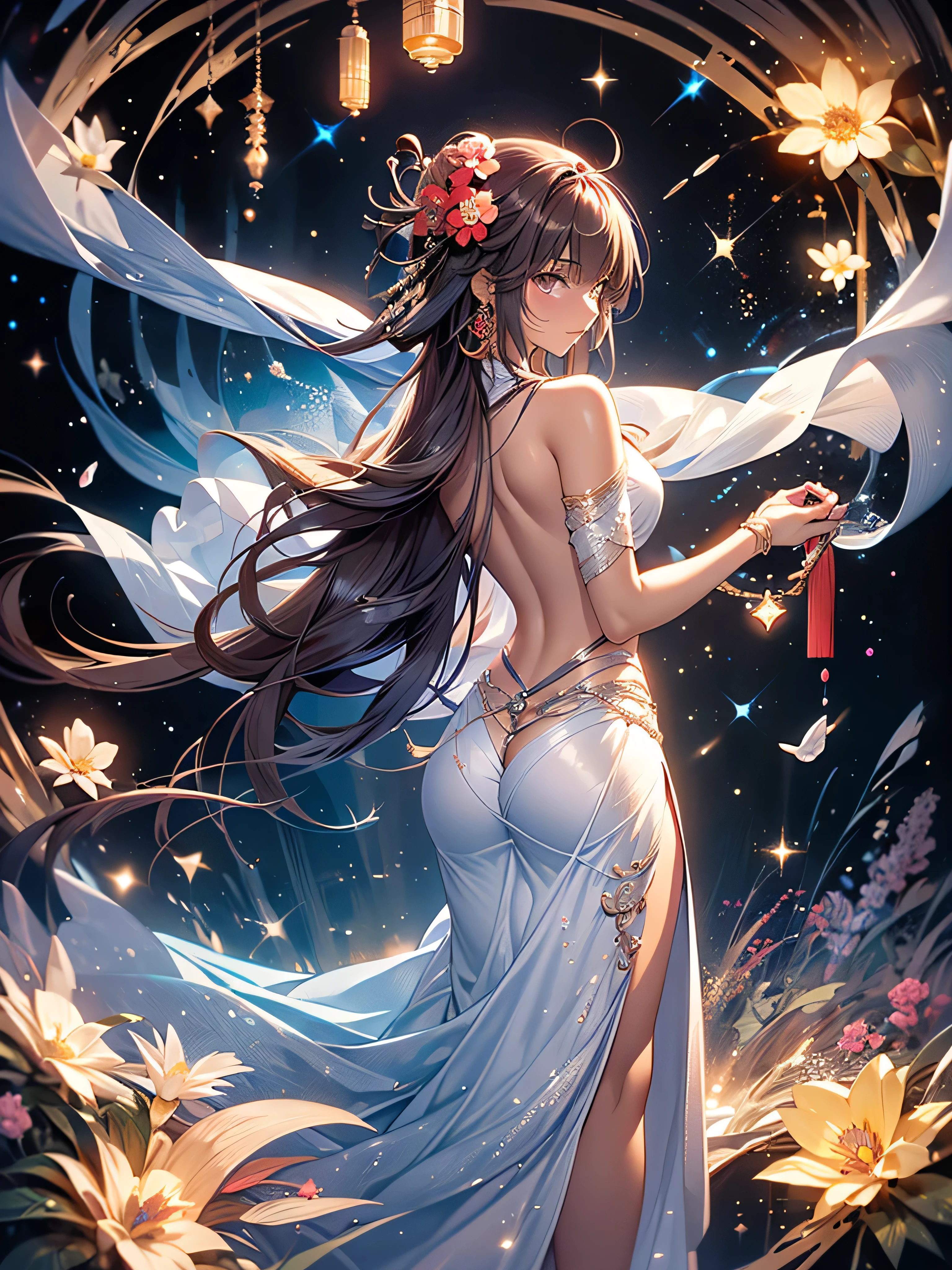 Very delicate, Clear focus, (High resolution), Distorted depth of field blurred background, Detailed Background, The perfect layered cut, Atmospheric sense of distance, artistic, (Full Body Shot/Cowboy Shooting/Rear View/Top View/Top View), 8k, wallpaper, Microlight, complicated, Familiar, black magician, particle, constellation, Stardust, universe, ((flower)), Pleasant Peace, peaceful, Japan, Himiko, kimono, With crystal, Fortune telling, Time and space,
