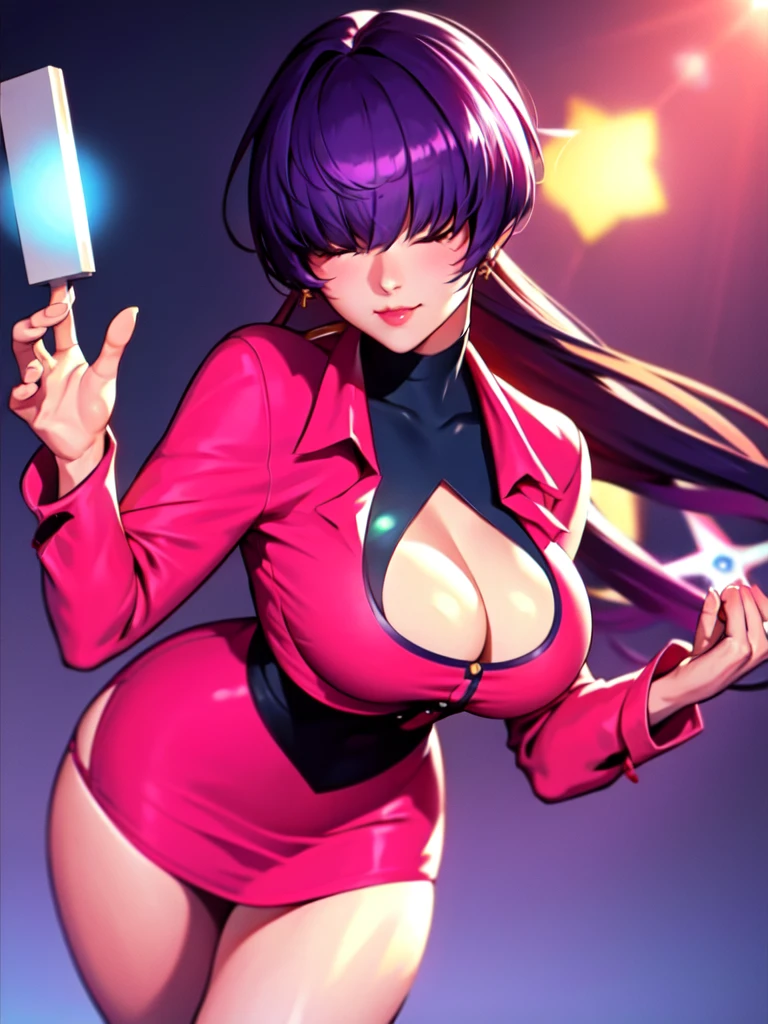 (night),in a video game scene with a neon background and a neon light,
Standing at attention,
pink outfit,pink jacket,choker, cleavage cutout, clothing cutout, 
earrings,
 purple hair,bangs,((hair over eyes)),
1 girl, 20yo,Young female,Beautiful Finger,Beautiful long legs,Beautiful body,Beautiful Nose,Beautiful character design, perfect face,
looking at viewer,(Focus on her face),closed mouth,Light_Smile,
official art,extremely detailed CG unity 8k wallpaper, perfect lighting,Colorful, Bright_Front_face_Lighting,shiny skin,
(masterpiece:1.0),(best_quality:1.0), ultra high res,4K,ultra-detailed,
photography, 8K, HDR, highres, absurdres:1.2, Kodak portra 400, film grain, blurry background, bokeh:1.2, lens flare, (vibrant_color:1.2),professional photograph,
(Beautiful,large_Breasts:1.4), (beautiful_face:1.5),(narrow_waist),