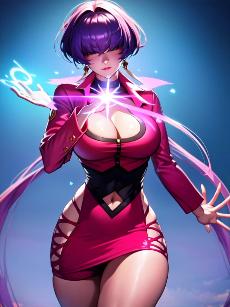 (night),in a video game scene with a neon background and a neon light,
Standing at attention,
pink outfit,pink jacket,choker, cleavage cutout, clothing cutout, 
earrings,
 purple hair,bangs,((hair over eyes)),
1 girl, 20yo,Young female,Beautiful Finger,Beautiful long legs,Beautiful body,Beautiful Nose,Beautiful character design, perfect face,
looking at viewer,(Focus on her face),closed mouth,Light_Smile,
official art,extremely detailed CG unity 8k wallpaper, perfect lighting,Colorful, Bright_Front_face_Lighting,shiny skin,
(masterpiece:1.0),(best_quality:1.0), ultra high res,4K,ultra-detailed,
photography, 8K, HDR, highres, absurdres:1.2, Kodak portra 400, film grain, blurry background, bokeh:1.2, lens flare, (vibrant_color:1.2),professional photograph,
(Beautiful,large_Breasts:1.4), (beautiful_face:1.5),(narrow_waist),