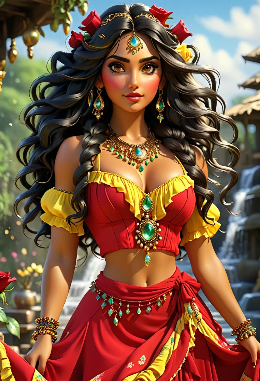 ((Shulamite gypsy )) millions of yellow and red roses , Stands tall and shows off your perfect figure at all times covers your entire body Dresses in shades of red,doradas, yellow with a puffy blouse full of ruffles, gypsy scarf on the shoulders and a beautiful long colorful skirt, , Super beautiful, 8k realistic , ((black hair)), Golden-Brunette-Skin, black eyes, Ultra-realistic muscular body, Dress up in a magical gypsy outfit , with a magical and mystical touch, with slime hair , proto, inspired by Izzy Medrano, 3D 18K UHD., golden bracelets, , brincos doradass ,16K, elements: Terra 8K UHD SURREAL. Gypsy deck: Used for divination and spiritual guidance,colorful scarves: Represent magic and protection, incense: For purification and connection with the spiritual plane, Stones and Jewels: Have specific energies.
Colorful Clothing: Gypsy skirts are magical working instruments. UHD 18K.