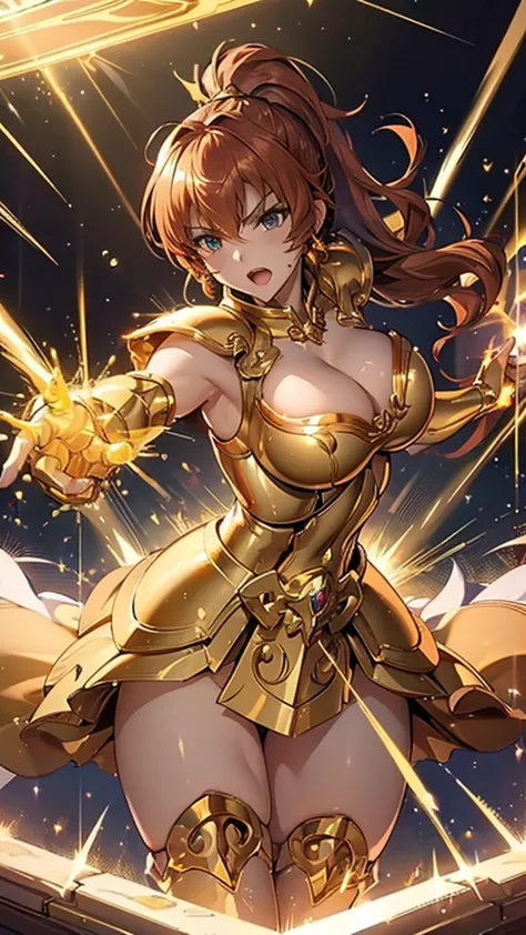 Gold Armor, 4K image, rallies, best quality, masterpiece, movie lighting ，Sexy，Large Breasts，Cleavage，action，In battle，cleavage，...