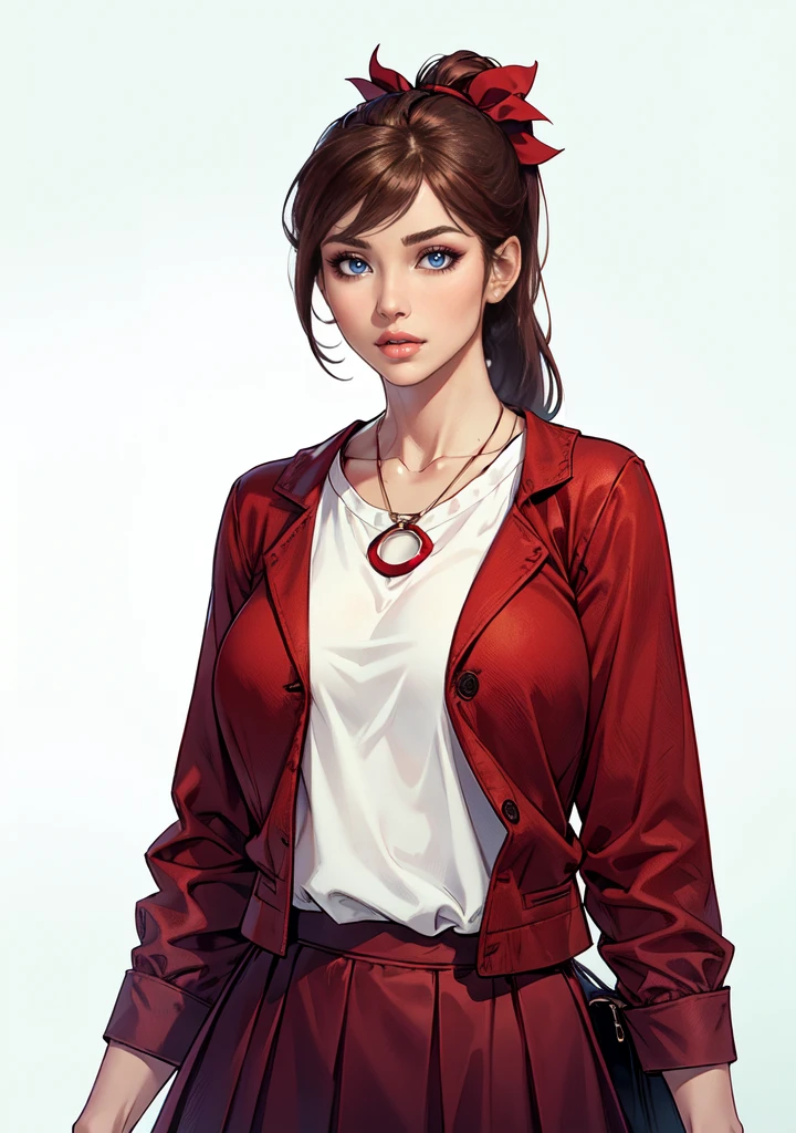  Women, Brown Hair, Brown Long Ponytail, bronw eyes, red Vest, white shirt, Red lon skirt, standing