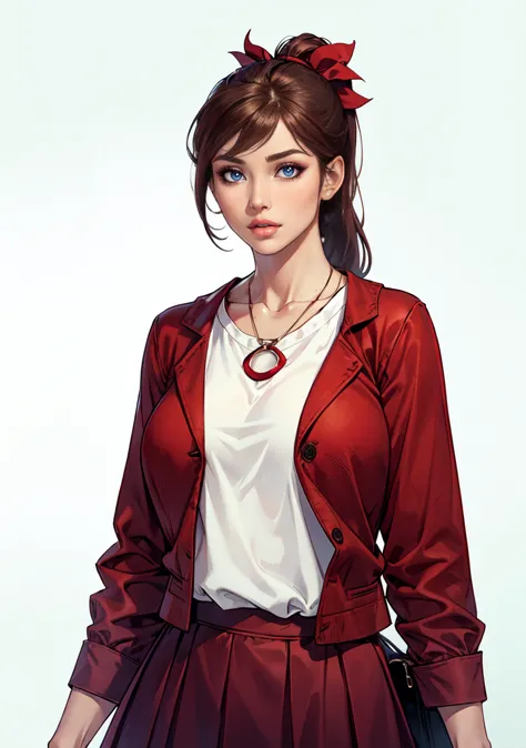 women, brown hair, brown long ponytail, bronw eyes, red vest, white shirt, red lon skirt, standing