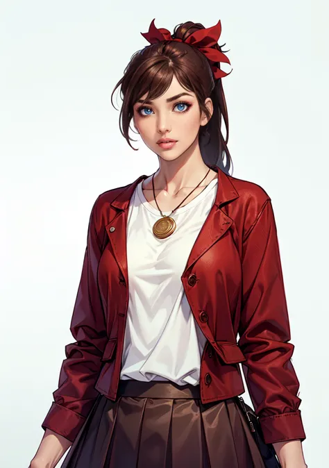 women, brown hair, brown long ponytail, bronw eyes, red vest, white shirt, red lon skirt, standing