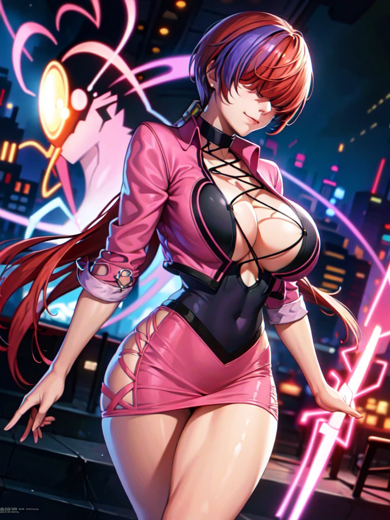 (night),in a video game scene with a neon background and a neon light,
Standing at attention,
pink outfit,pink jacket,choker, cleavage cutout, clothing cutout, 
earrings,
 purple hair,bangs,((hair over eyes)),
1 girl, 20yo,Young female,Beautiful Finger,Beautiful long legs,Beautiful body,Beautiful Nose,Beautiful character design, perfect face,
looking at viewer,(Focus on her face),closed mouth,Light_Smile,
official art,extremely detailed CG unity 8k wallpaper, perfect lighting,Colorful, Bright_Front_face_Lighting,shiny skin,
(masterpiece:1.0),(best_quality:1.0), ultra high res,4K,ultra-detailed,
photography, 8K, HDR, highres, absurdres:1.2, Kodak portra 400, film grain, blurry background, bokeh:1.2, lens flare, (vibrant_color:1.2),professional photograph,
(Beautiful,large_Breasts:1.4), (beautiful_face:1.5),(narrow_waist),