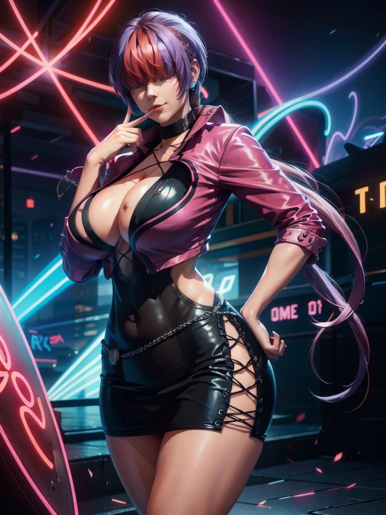 (night),in a video game scene with a neon background and a neon light,
Standing at attention,
pink outfit,pink jacket,choker, cleavage cutout, clothing cutout, 
earrings,
 purple hair,bangs,((hair over eyes)),
1 girl, 20yo,Young female,Beautiful Finger,Beautiful long legs,Beautiful body,Beautiful Nose,Beautiful character design, perfect face,
looking at viewer,(Focus on her face),closed mouth,Light_Smile,
official art,extremely detailed CG unity 8k wallpaper, perfect lighting,Colorful, Bright_Front_face_Lighting,shiny skin,
(masterpiece:1.0),(best_quality:1.0), ultra high res,4K,ultra-detailed,
photography, 8K, HDR, highres, absurdres:1.2, Kodak portra 400, film grain, blurry background, bokeh:1.2, lens flare, (vibrant_color:1.2),professional photograph,
(Beautiful,large_Breasts:1.4), (beautiful_face:1.5),(narrow_waist),