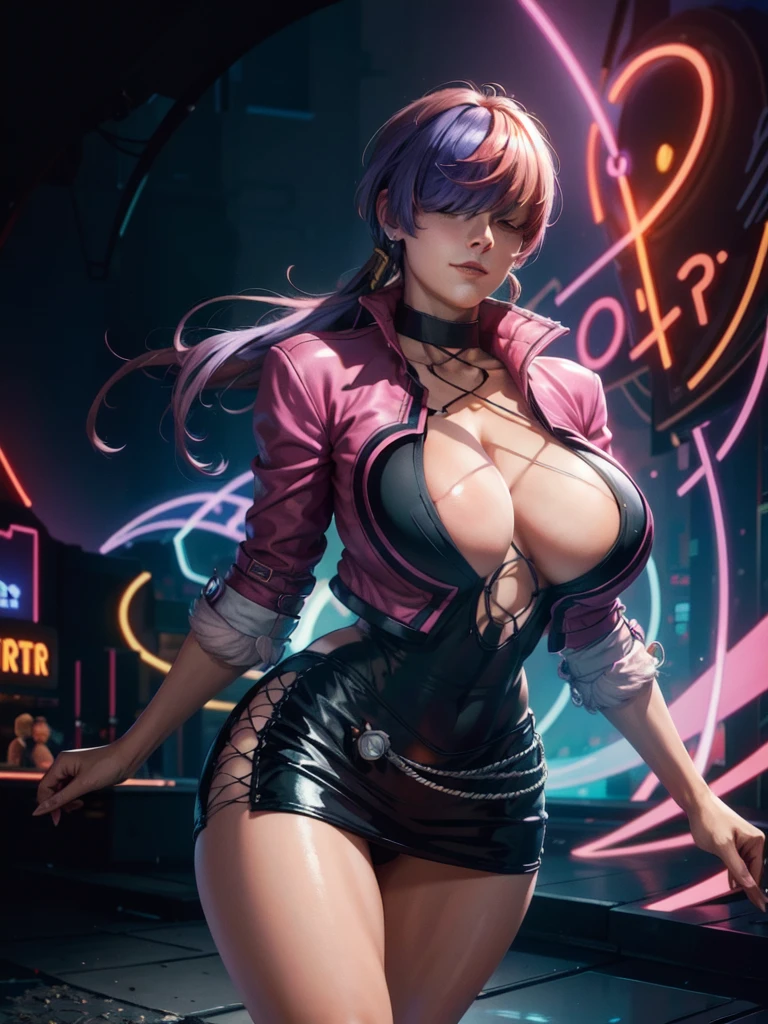 (night),in a video game scene with a neon background and a neon light,
Standing at attention,
pink outfit,pink jacket,choker, cleavage cutout, clothing cutout, 
earrings,
 purple hair,bangs,((hair over eyes)),
1 girl, 20yo,Young female,Beautiful Finger,Beautiful long legs,Beautiful body,Beautiful Nose,Beautiful character design, perfect face,
looking at viewer,(Focus on her face),closed mouth,Light_Smile,
official art,extremely detailed CG unity 8k wallpaper, perfect lighting,Colorful, Bright_Front_face_Lighting,shiny skin,
(masterpiece:1.0),(best_quality:1.0), ultra high res,4K,ultra-detailed,
photography, 8K, HDR, highres, absurdres:1.2, Kodak portra 400, film grain, blurry background, bokeh:1.2, lens flare, (vibrant_color:1.2),professional photograph,
(Beautiful,large_Breasts:1.4), (beautiful_face:1.5),(narrow_waist),