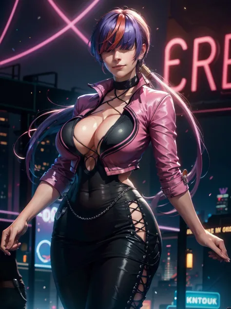 (night),in a video game scene with a neon background and a neon light,
Standing at attention,
pink outfit,pink jacket,choker, cl...