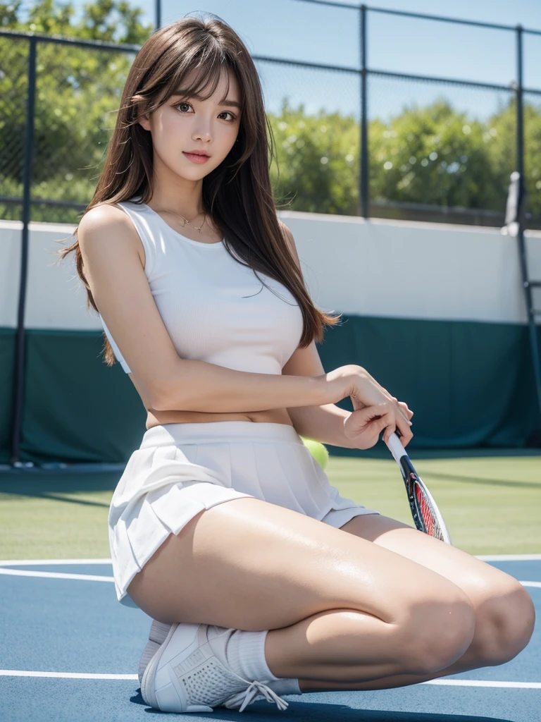 White tennis wear、tennis racket、Tennis ball、Tennis court、(Highest quality)、((Very detailed))、4K、(8k)、masterpiece、Very detailedな、Highest quality、Super Resolution、1 person、Kind Face、A little smile, Soft Light、RAW quality、Soft Skin、152cm、20-year-old girl、Cute type，Big Natural Color Lip， Bold sexy pose, (Perfect figure), Beautiful feet, Voluptuous thighs、Sexy pose with emphasis on crotch, Soft long hair, bangs, Brown Hair, 1 personの女の子, Highest Resolution, Big and cute eyes, A clear double, White pleated micro mini skirt, Voluptuous thighs, plump big breasts, I&#39;m a little sweaty, I can see your pants, Beautiful pussy line, 