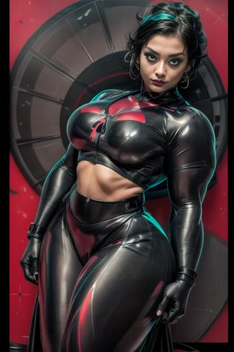 Beautiful young woman, Age 22, dressed in a shiny dark gray latex catsuit, covered in tattoos made of red neon

