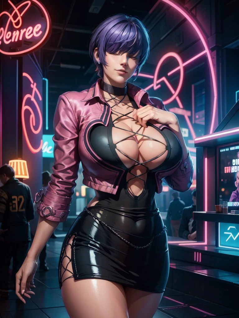 (night), in a video game scene with a neon background and a neon light,
Standing at attention,
pink suit, pink jacket, choker, neckline, clothing cut, 
earrings,
 purple hair, bangs covering eyes ((hair over eyes)),
1 girl, 20 years old, Young woman, Beautiful finger, Beautiful long legs, Beautiful body, Beautiful nose, Beautiful character design, perfect face,
looking at viewer (focusing on his face), mouth closed, Light_Smile,
official art, extremely detailed CG unity 8k wallpaper, perfect lighting, colorful, bright front lighting, shiny skin,
(masterpiece: 1.0), (best_quality: 1.0), ultra-high resolution, 4K, ultra-detailed,
photography, 8K, HDR, high resolution, absurdities:1.2, Kodak portra 400, film grain, blurred background, bokeh:1.2, lens flare, (vibrant_color:1.2), professional photography,
(Beautiful, big_breasts:1.4), (beautiful_face:1.5), (narrow_waist),