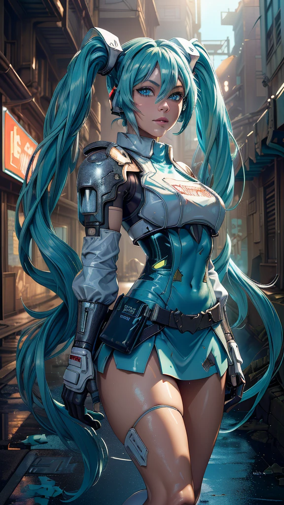 (best quality:1.4), (Masterpiece:1.4), (8k, realist, raw photo), (A high resolution, Ultra - detailed, actual), Miku Hatsune, (Ruined alley Tokyo cyberpunk dungeon ruins background :1.4), big breasts, dynamic pose, (green hair twin tails), (short white mini skirt:1.4), very long hair), Put your arms behind your back, (Beautiful blue eyes:1.4), relaxed face, eyebrow hair, shiny hair, (Ruined dungeon ruins background:1.4), shiny skin, a slight smile, Racing Miku, black body, short jacket, White jacket, long sleeve, two tone gloves, thigh high boots, (Ruined dungeon ruins background nublado lluvia :1.4), (Miku Hatsune:1.4), (Miku Hatsune V2.1), (Face details:1.5), (beautiful blue eyes :1.4), (beautiful face, labios Delgados:1.5), Delgado, pale and sharp eyebrows, long, dark eyelashes, double eyelashes), (perfect hands: 1.5), (Kinematics V2.1), (dynamic pose), (perfect anatomy), (detailed face :1.4), (not mutations) 