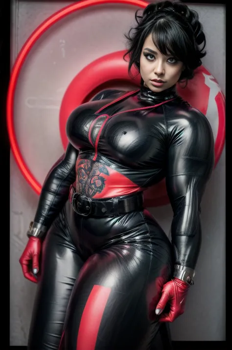 Beautiful young woman, Age 22, dressed in a shiny dark gray latex catsuit, covered in tattoos made of red neon
