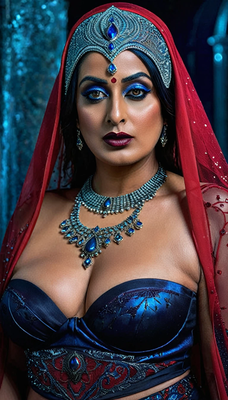 Sieht aus wie Mahie Gill, Full body Closeup shot, Große mollige Tante, milF, Puma Dame Hexe, horny Gothic milF,  70 Jahre alte wunderschöne reife Dame, perverse Dämonin, demoness oF lust, kurvig, Schwarze Lippen, horny Face, extrem wunderschön, thick Figure, schwere Physik, üppig, kurvig, sexy Figure, Fashionable portrait oF androgynous alien looking witch wearing veil, glühende Augen, Futuristic design, minimale Details, Givenchy, Fotorealistisch, 200mm, hd, F/ 2.0, sehr detailliert, surreal, sexy beautiFul evil woman, sexy, auffällige Pailletten-Sari mit trägerlosem BH, Sex, Vampir, horror genre, blutrünstige Zauberin, powerFul Female spirit, unheimlich, tot umfallen, in the style oF red and blue, (komplizierte Details, hyperdetailliert:1.15) (Hauttextur:1.2), dunkler, stimmungsvoller Ton, filmische Beleuchtung, Spukhaus im Hintergrund, 