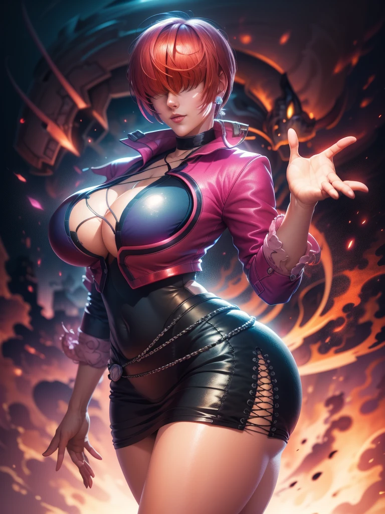 (night), in a video game scene with a neon background and a neon light,
Standing at attention,
pink suit, pink jacket, choker, neckline, clothing cut, 
earrings,
 purple hair, eyes completely covered by hair bangs ((hair over eyes)),
1 girl, 20 years old, Young woman, Beautiful finger, Beautiful long legs, Beautiful body, Beautiful nose, Beautiful character design, perfect face,
looking at viewer (focusing on his face), mouth closed, Light_Smile,
official art, extremely detailed CG unity 8k wallpaper, perfect lighting, colorful, bright front lighting, shiny skin,
(masterpiece: 1.0), (best_quality: 1.0), ultra-high resolution, 4K, ultra-detailed,
photography, 8K, HDR, high resolution, absurdities:1.2, Kodak portra 400, film grain, blurred background, bokeh:1.2, lens flare, (vibrant_color:1.2), professional photography,
(Beautiful, big_breasts:1.4), (beautiful_face:1.5), (narrow_waist),