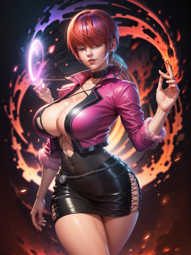 (night), in a video game scene with a neon background and a neon light,
Standing at attention,
pink suit, pink jacket, choker, neckline, clothing cut, 
earrings,
 purple hair, eyes completely covered by hair bangs ((hair over eyes)),
1 girl, 20 years old, Young woman, Beautiful finger, Beautiful long legs, Beautiful body, Beautiful nose, Beautiful character design, perfect face,
looking at viewer (focusing on his face), mouth closed, Light_Smile,
official art, extremely detailed CG unity 8k wallpaper, perfect lighting, colorful, bright front lighting, shiny skin,
(masterpiece: 1.0), (best_quality: 1.0), ultra-high resolution, 4K, ultra-detailed,
photography, 8K, HDR, high resolution, absurdities:1.2, Kodak portra 400, film grain, blurred background, bokeh:1.2, lens flare, (vibrant_color:1.2), professional photography,
(Beautiful, big_breasts:1.4), (beautiful_face:1.5), (narrow_waist),