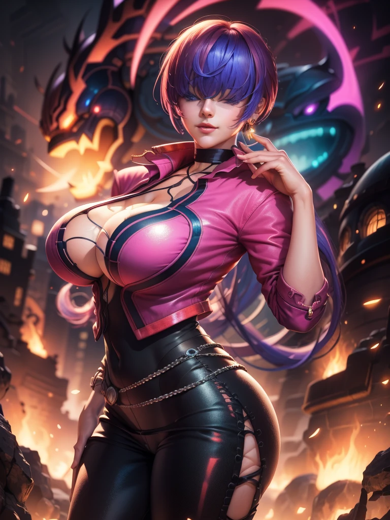 (night), in a video game scene with a neon background and a neon light,
Standing at attention,
pink suit, pink jacket, choker, neckline, clothing cut, 
earrings,
 purple hair, eyes completely covered by hair bangs ((hair over eyes)),
1 girl, 20 years old, Young woman, Beautiful finger, Beautiful long legs, Beautiful body, Beautiful nose, Beautiful character design, perfect face,
looking at viewer (focusing on his face), mouth closed, Light_Smile,
official art, extremely detailed CG unity 8k wallpaper, perfect lighting, colorful, bright front lighting, shiny skin,
(masterpiece: 1.0), (best_quality: 1.0), ultra-high resolution, 4K, ultra-detailed,
photography, 8K, HDR, high resolution, absurdities:1.2, Kodak portra 400, film grain, blurred background, bokeh:1.2, lens flare, (vibrant_color:1.2), professional photography,
(Beautiful, big_breasts:1.4), (beautiful_face:1.5), (narrow_waist),