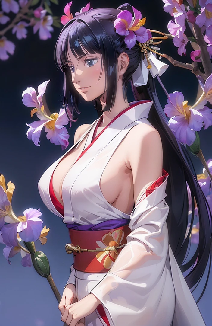 ((((Very nice smile))))、((Direct your gaze this way))、1 girl,NsfW,(one peace wanokuni edition)、((ponytail、Red ribbon on the tie)) 、((they say olobi))、((A very sexy mini kimono　dress with a large slit、(((Kimono obi)))、(((The white kimono is decorated with purple iris flowers)))、((Wearing a black haori with a red lining)),Exposed underboob)):1.2, White costume,((Short costume)),nico robin,(ONEPIECE),((Huge breasts 1.8)), clavicle, Glowing purple eyes,absurdists, brainwashing,Hollow Eyes, ((Expressionless, Emotional removal)),avert your eyes , Full body portrait, Outdoor,Dim Alley,night, (highest quality、4K、8K、High resolution、Must have:1.2)、Very detailed、(reality、It is realistic.、Realistic:1.37)、ticker、hyper HD、Studio Lighting、Ultra High Definition Paint、Sharp focus、Physically Based Rendering、Extreme Detail、Professional specifications、Vibrancy and color、Blurred、Sports portrait、landscape、Horror Style、Anime Big Tits、sf、photograph、Concept Artist、Five Fingers, Perfect body,  {{{masterpiece}}}, {{{highest quality}}}, {{Very detailed}}, {shape}, {{Very delicate and beautiful}},Improved cost performance、all roles、Canon 5D MK4でphotograph、photograph, ((((The back is surrounded by many flowers on the vast grassland、She is centered in the frontal shot、Surrounded by flowers that cover the background、they are、Illuminated by a dazzling light、Heavenly Sunshine))))、(((bright、Mr.々Various kinds、flower、Tropical flower、Flower, not grass、Surrounded by majestic flower fields、The flower&#39;s height exceeds that of the person himself、Bright Morning)))