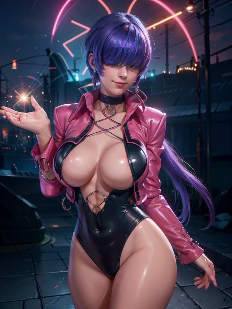 (night), in a video game scene with a neon background and a neon light,
Standing at attention,
pink suit, pink jacket, choker, neckline, clothing cut, 
earrings,
 purple hair, eyes completely covered by hair bangs ((hair over eyes)),
1 girl, 20 years old, Young woman, Beautiful finger, Beautiful long legs, Beautiful body, Beautiful nose, Beautiful character design, perfect face,
looking at viewer (focusing on his face), mouth closed, Light_Smile,
official art, extremely detailed CG unity 8k wallpaper, perfect lighting, colorful, bright front lighting, shiny skin,
(masterpiece: 1.0), (best_quality: 1.0), ultra-high resolution, 4K, ultra-detailed,
photography, 8K, HDR, high resolution, absurdities:1.2, Kodak portra 400, film grain, blurred background, bokeh:1.2, lens flare, (vibrant_color:1.2), professional photography,
(Beautiful, big_breasts:1.4), (beautiful_face:1.5), (narrow_waist),