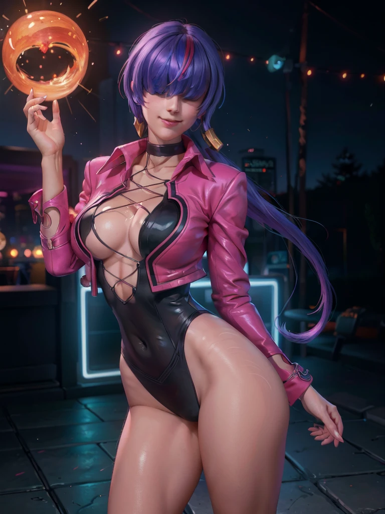 (night), in a video game scene with a neon background and a neon light,
Standing at attention,
pink suit, pink jacket, choker, neckline, clothing cut, 
earrings,
 purple hair, eyes completely covered by hair bangs ((hair over eyes)),
1 girl, 20 years old, Young woman, Beautiful finger, Beautiful long legs, Beautiful body, Beautiful nose, Beautiful character design, perfect face,
looking at viewer (focusing on his face), mouth closed, Light_Smile,
official art, extremely detailed CG unity 8k wallpaper, perfect lighting, colorful, bright front lighting, shiny skin,
(masterpiece: 1.0), (best_quality: 1.0), ultra-high resolution, 4K, ultra-detailed,
photography, 8K, HDR, high resolution, absurdities:1.2, Kodak portra 400, film grain, blurred background, bokeh:1.2, lens flare, (vibrant_color:1.2), professional photography,
(Beautiful, breasts: 1.4), (beautiful_face: 1.5), (narrow_waist),