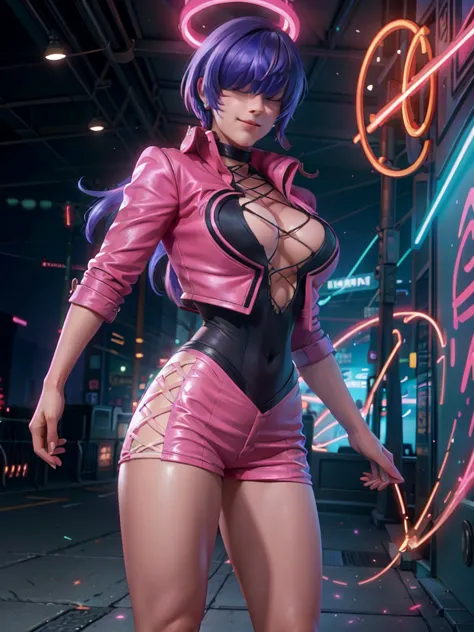 (night), in a video game scene with a neon background and a neon light,
Standing at attention,
pink suit, pink jacket, choker, n...