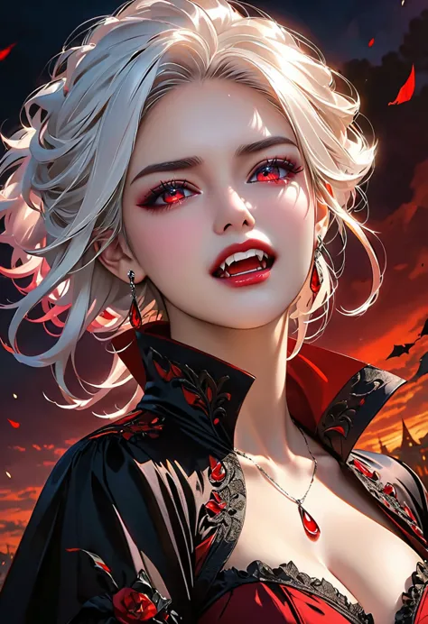aa portrait of vampire with a bloody tear coming down from he eye, an exotic beautiful female vampire, white hair color, dynamic...