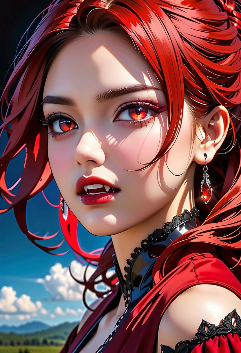 aa portrait of vampire with a bloody tear coming down from he eye, an exotic beautiful female vampire, red hair color, dynamic hair style, ultra detailed face, best detailed face, silver eye color, ((1single red teardrop: 1.3)), ((tear drop made from blood)), ((teardrop coming down from the eye: 1.3)), small cleavage, wearing two black diamond earrings, Ultra-high resolution, High Contrast, (masterpiece:1.5), highest quality, Best aesthetics), 16K fantasy art, best details, best quality, highres, (ultra wide angle: 1.2), 16k, [ultra detailed], masterpiece, best quality, (extremely detailed), ladyshadow, magical sky, crying style, vampire teeth