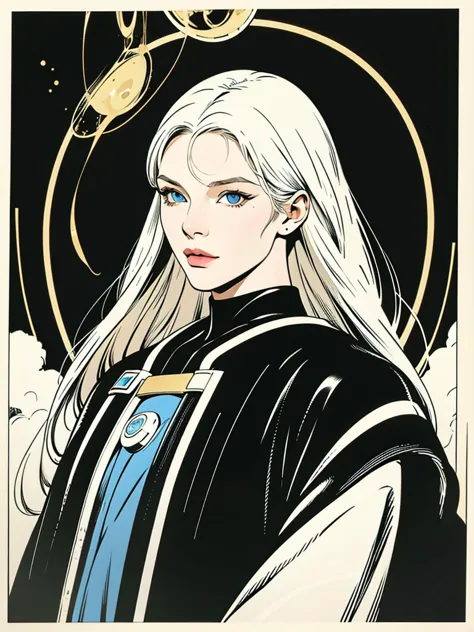 woman with ,golden white hair,blue colored eyes,,,black space suit