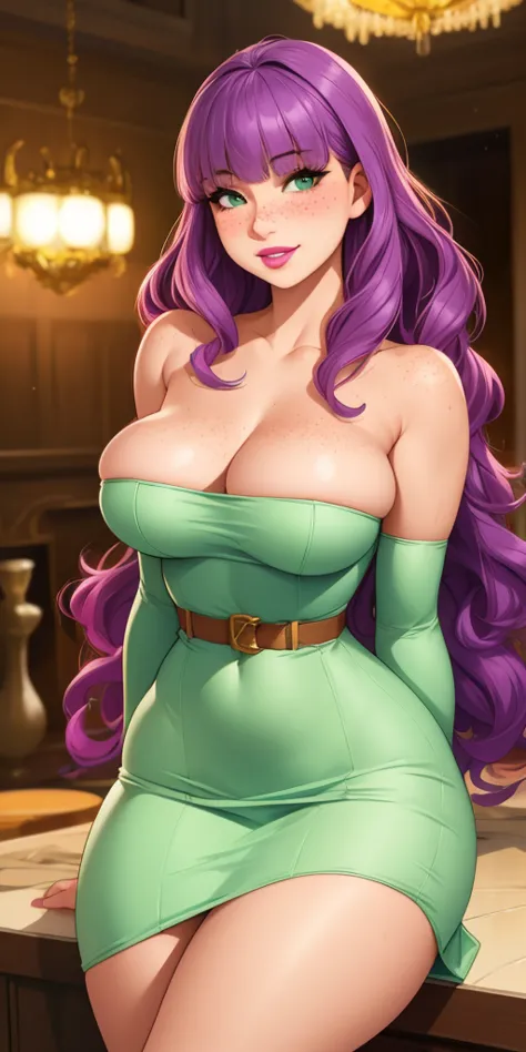 beautiful medium breasts, 1girl, ((purple hair, wavy hair with bangs)) ((beautiful girl)) light green eyes, has an beautiful sen...