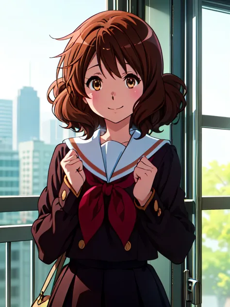 kumiko oumae, kumiko oumae, (brown eyes:1.5), brown hair, short hair, wavy hair, hot face, blush, sailor suit, , high school gir...