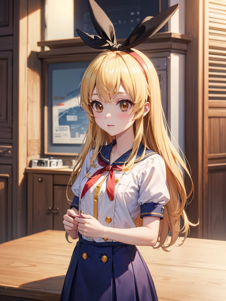 (masterpiece, best quality, highly detailed, ultra detailed, high resolution, absurdres, 4K, 8K:1.2), 
BREAK,shimakaze uniform:1.5, 10 years GIRL,Blonde_HAIR,(RED Ribbon on HAIRband:1.2)