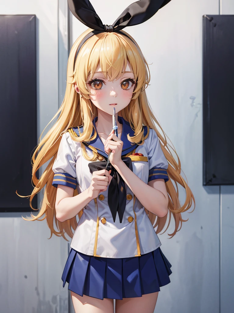 (masterpiece, best quality, highly detailed, ultra detailed, high resolution, absurdres, 4K, 8K:1.2), 
BREAK,shimakaze uniform:1.5, 10 years GIRL,Blonde_HAIR,(RED Ribbon on HAIRband:1.2)