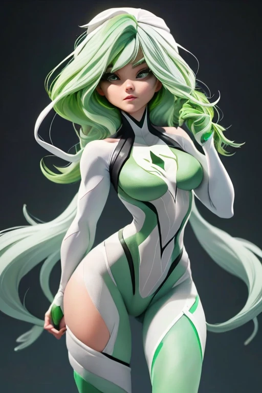 "((Highest quality,Best lighting)), Pretty model with long white hair and athletic body, Detailed abdomen (((Vestined a Spider Gwen))), Emphasized and detached breasts, Dynamic pose, Colored Background, High saturation, Brilliant lights." ((whole body)) (((white and green hair))) ((Fine hand))