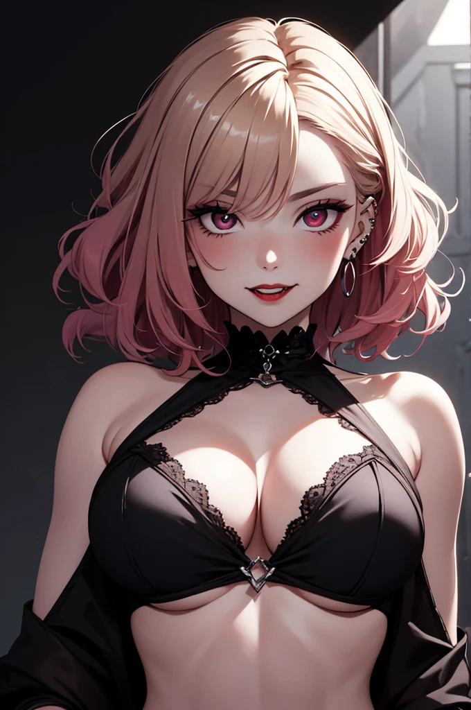 best quality,close up shot,attractive, from below,sexy,vampire woman,vampire fangs,top half of body,cleavage,chin from under, chin up, angle,red lipstick,sharp fangs,pale skin,intense gaze,detailed eyes, short hair ,white wavy hair,voluminous curls, underboob, view from below, dark background,seductive expression, piercings,alluring,enchanted,gothic beauty,piercing eyes,dramatic lighting,stunning,vampiric charm,provocative,tempting,mesmerizing look,alluring smile,glamorous, mysterious,vivid colors,erotic,powerful presence,tantalizing,enchanted,dark romance,spellbinding, seductive silhouette,exquisite,dramatic shadows,eye-catching,artistic masterpiece:1.2,highres,HDR, from under, blushing, 1 colour background. monocrome background,
