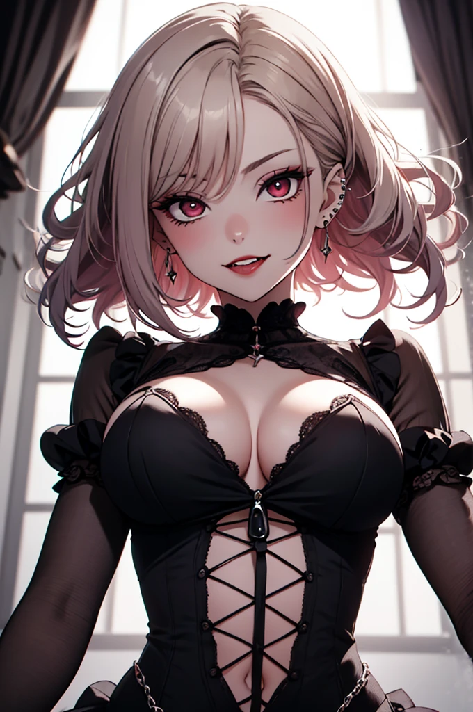 best quality,close up shot,attractive, from below,sexy,vampire woman,vampire fangs,top half of body,cleavage,chin from under, chin up, angle,red lipstick,sharp fangs,pale skin,intense gaze,detailed eyes, short hair ,white wavy hair,voluminous curls, underboob, view from below, dark background,seductive expression, piercings,alluring,enchanted,gothic beauty,piercing eyes,dramatic lighting,stunning,vampiric charm,provocative,tempting,mesmerizing look,alluring smile,glamorous, mysterious,vivid colors,erotic,powerful presence,tantalizing,enchanted,dark romance,spellbinding, seductive silhouette,exquisite,dramatic shadows,eye-catching,artistic masterpiece:1.2,highres,HDR, from under, blushing, 1 colour background. monocrome background,
