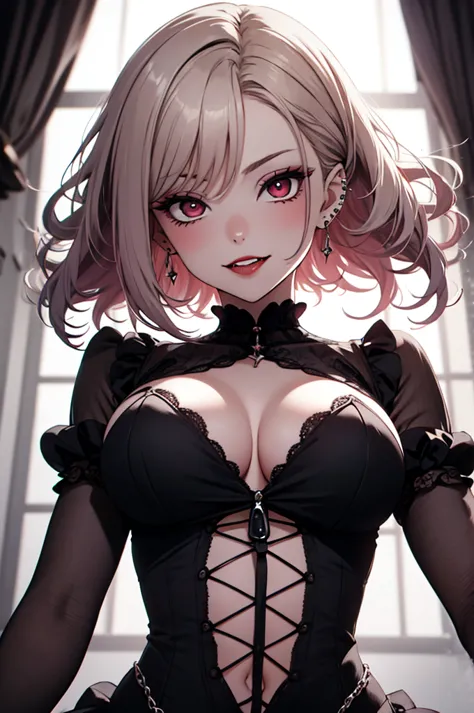 best quality,close up shot,attractive, from below,sexy,vampire woman,vampire fangs,top half of body,cleavage,chin from under, ch...