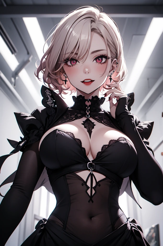 best quality,close up shot,attractive, from below,sexy,vampire woman,vampire fangs,top half of body,cleavage,chin from under, chin up, angle,red lipstick,sharp fangs,pale skin,intense gaze,detailed eyes, short hair ,white wavy hair,voluminous curls, underboob, view from below, dark background,seductive expression, piercings,alluring,enchanted,gothic beauty,piercing eyes,dramatic lighting,stunning,vampiric charm,provocative,tempting,mesmerizing look,alluring smile,glamorous, mysterious,vivid colors,erotic,powerful presence,tantalizing,enchanted,dark romance,spellbinding, seductive silhouette,exquisite,dramatic shadows,eye-catching,artistic masterpiece:1.2,highres,HDR, from under, blushing, 1 colour background. monocrome background,
