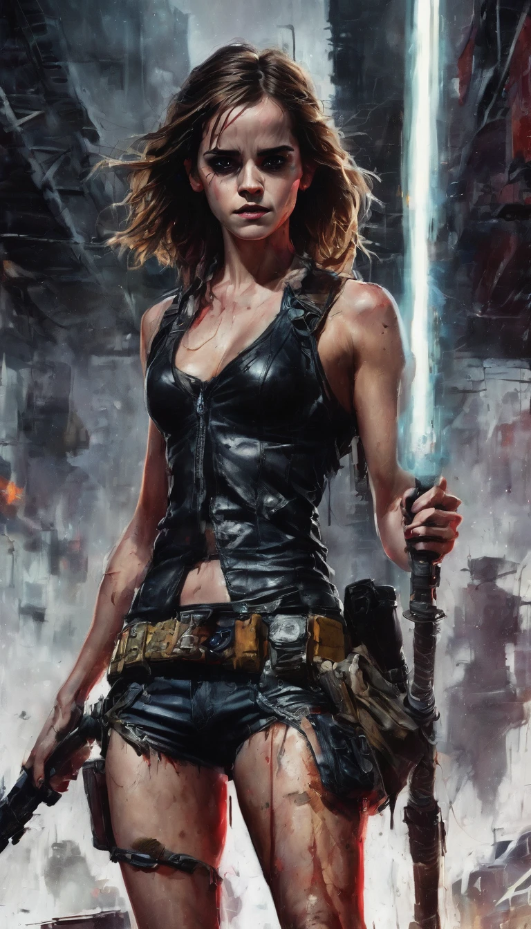 Emma Watson, Ein postapokalyptischer Krieger, eine 3 Frau fast nackt im Simon Bisley Stil für das Cover des Heavy Metal Magazins, rotes Ledertop, halb schwarz, halb weiß, minimale Kleidung, kurze Kleidung, detailliertes Gesicht und Körper, dramatische Beleuchtung, leuchtende Farben, Dystopisch, sandig, kinematographisch, Meisterwerk, hyperdetailliert, ultra-realistisch, 8k, Sehr detailiert