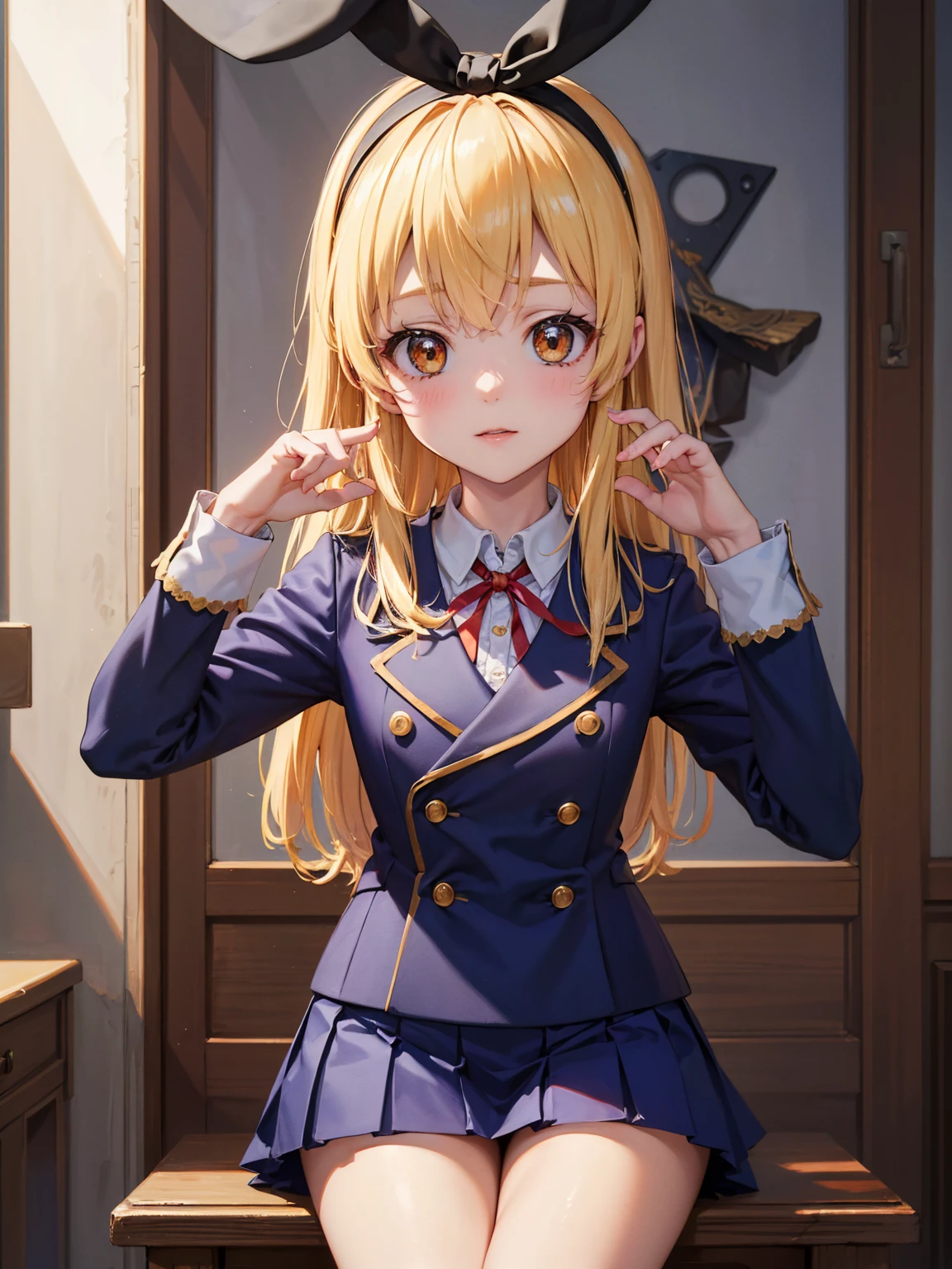 (masterpiece, best quality, highly detailed, ultra detailed, high resolution, absurdres, 4K, 8K:1.2), 
BREAK,shimakaze uniform:1.5, 10 years GIRL,Blonde_HAIR,(RED Ribbon on HAIRband:1.2)