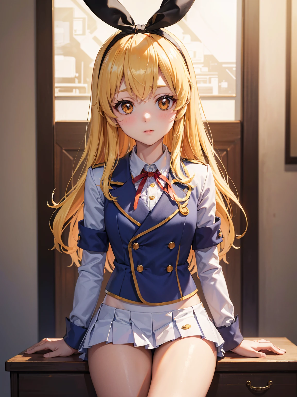 (masterpiece, best quality, highly detailed, ultra detailed, high resolution, absurdres, 4K, 8K:1.2), 
BREAK,shimakaze uniform:1.5, 10 years GIRL,Blonde_HAIR,(RED Ribbon on HAIRband:1.2)