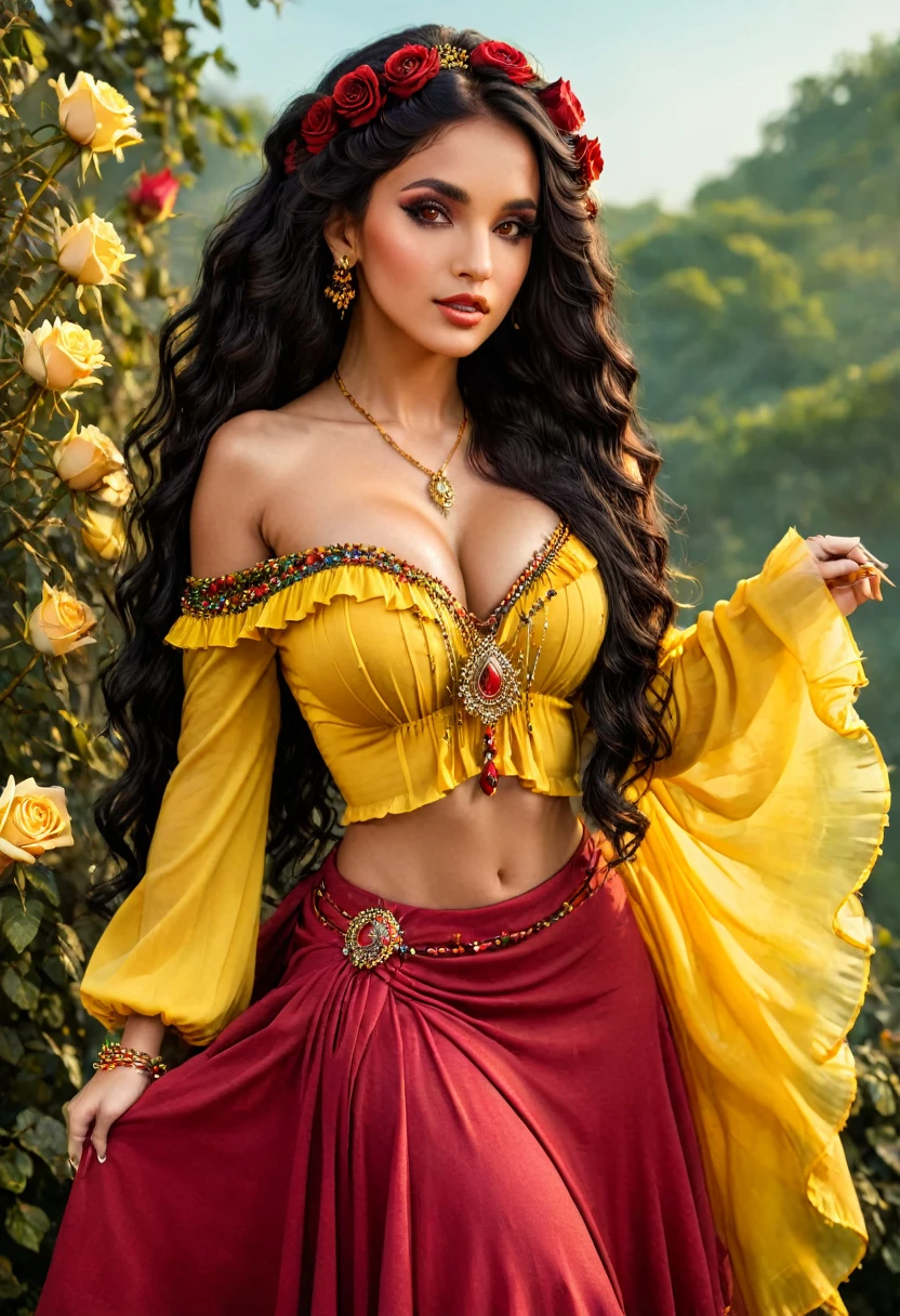 ((Shulamite gypsy )) millions of yellow and red roses , Stands tall and shows your perfect figure at all times, covers your entire body Dresses in shades of red,golden, yellow with a puffy blouse full of ruffles, gypsy scarf on the shoulders and a beautiful long colorful skirt, , super cute, 8k realistic , ((Bblack hair)), Golden Brunette Skin, eyes black, Ultra-realistic muscular body, Wear a magical gypsy outfit , with a magical and mystical touch, with viscous hair , therefore, inspired by Izzy Medrano, 3D 18K UHD., gold bracelets, , brincos goldens ,16K, elements: Terra 8K UHD SURREAL. Gypsy deck: Used for divination and spiritual guidance,colorful scarves: Represents magic and protection, incense: For purification and connection with the spiritual plane, Stones and Jewels: Have specific energies.
colorful clothes: Gypsy skirts are magical working instruments. Ultra HD 18K.