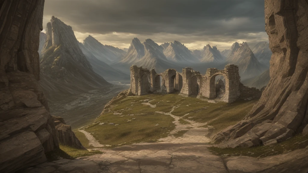 wide angle, panoramic view, a detailed fantasy landscape, enchanted forests, majestic mountains, inspired by tolkien, in the style of john howe, ruins, ruined fortress, best quality, 4k, 8k, highres, masterpiece:1.2, ultra-detailed, realistic, photorealistic, photo-realistic:1.37, hdr, uhd, studio lighting, ultra-fine painting, sharp focus, physically-based rendering, extreme detail description, professional, vivid colors, bokeh, cinematic