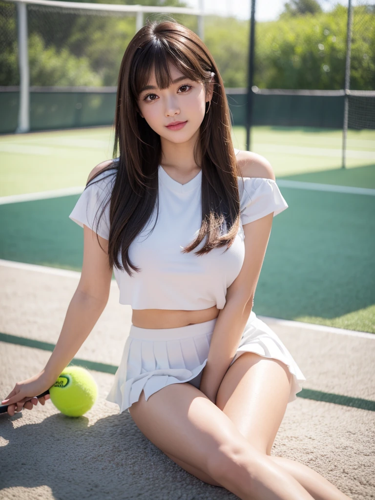 White tennis wear、tennis racket、Tennis ball、Tennis court、(Highest quality)、((Very detailed))、4K、(8k)、masterpiece、Very detailedな、Highest quality、Super Resolution、1 person、Kind Face、A little smile, Soft Light、RAW quality、Soft Skin、152cm、20-year-old girl、Cute type, Big Natural Color Lip, (Perfect figure), Beautiful feet, Voluptuous thighs、Bold sexy panty shot pose, Bold sexy idol pose, Soft long hair, bangs, Brown Hair, 1 personの女の子, Highest Resolution, Big and cute eyes, A clear double, White pleated micro mini skirt, Voluptuous thighs, plump big breasts, I&#39;m a little sweaty, I can see your pants, Beautiful pussy line, 