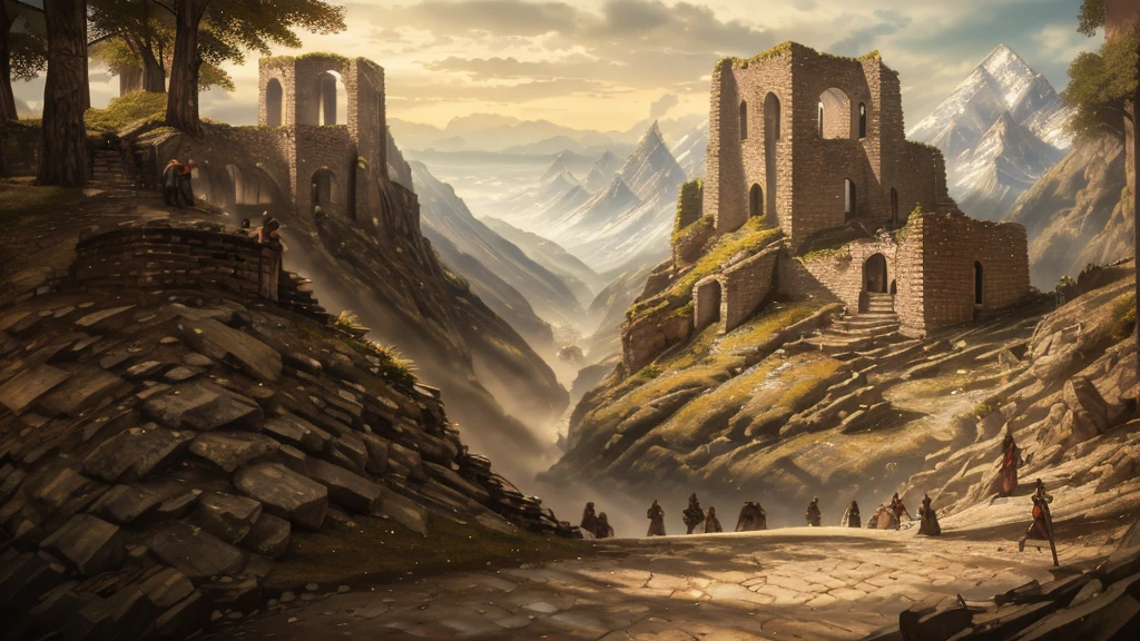 wide angle, panoramic view, a detailed fantasy landscape, enchanted forests, majestic mountains, inspired by tolkien, in the style of john howe, ruins, ruined fortress, best quality, 4k, 8k, highres, masterpiece:1.2, ultra-detailed, realistic, photorealistic, photo-realistic:1.37, hdr, uhd, studio lighting, ultra-fine painting, sharp focus, physically-based rendering, extreme detail description, professional, vivid colors, bokeh, cinematic