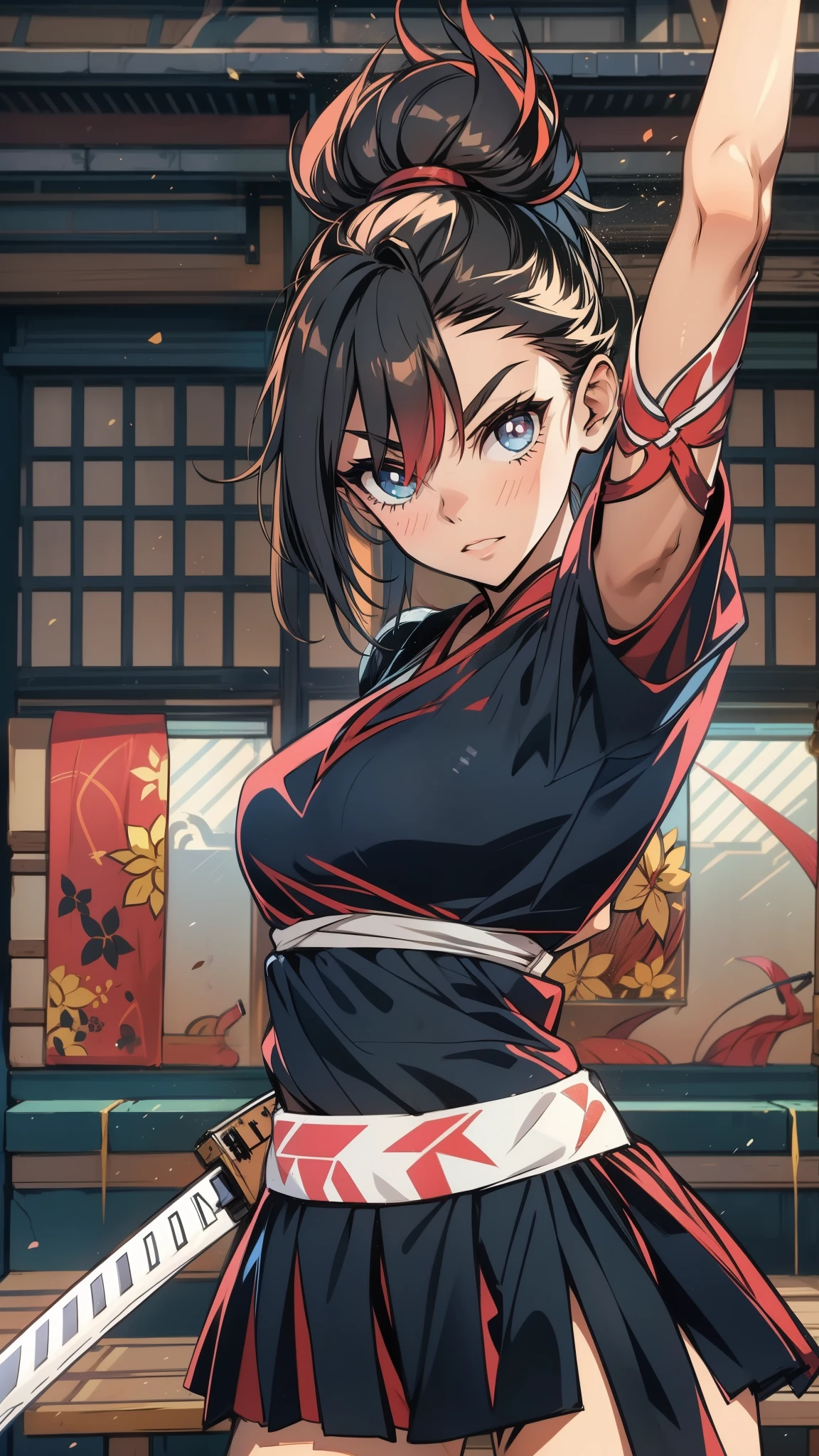 A Cute woman, kunoichi, unsheathing a katana sword, wearing a cheerleader costume, dojo background, perfect katana unsheating, 