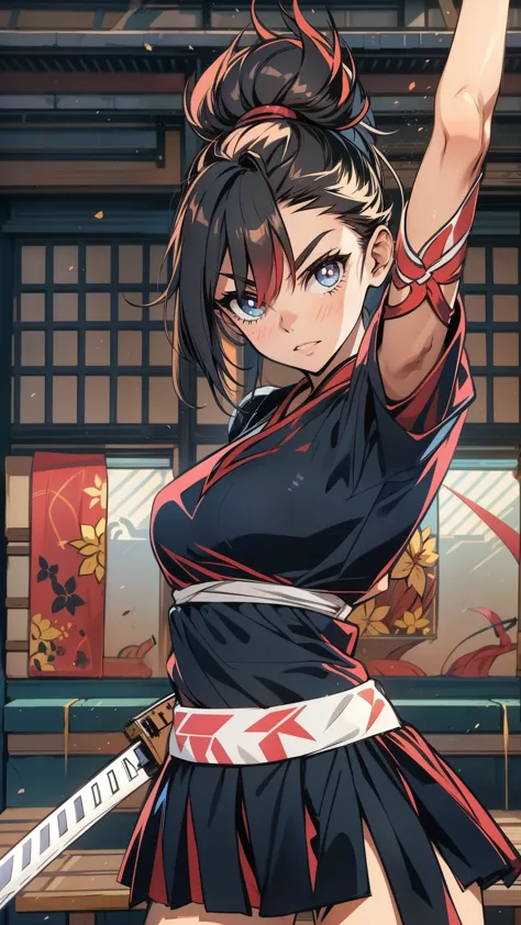 a cute woman, kunoichi, unsheathing a katana sword, wearing a cheerleader costume, dojo background, perfect katana unsheating,