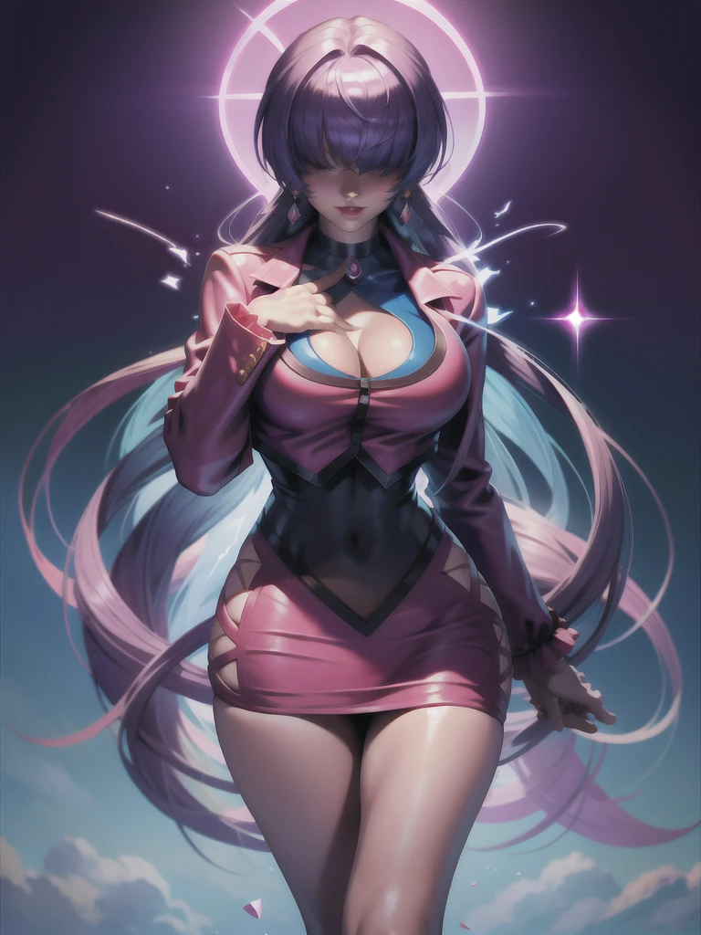 (night), in a video game scene with a neon background and a neon light, Standing at attention, pink suit, pink jacket, choker, neckline, clothing cut, earrings, purple hair, eyes completely covered by hair bangs ((hair over eyes)), 1 girl, 20 years old, Young woman, Beautiful finger, Beautiful long legs, Beautiful body, Beautiful nose, Beautiful character design, perfect face, looking at viewer (focusing on his face), mouth closed, Light_Smile, official art, extremely detailed CG unity 8k wallpaper, perfect lighting, colorful, bright front lighting, shiny skin, (masterpiece: 1.0), (best_quality: 1.0), ultra-high resolution, 4K, ultra-detailed, photography, 8K, HDR, high resolution, absurdities:1.2, Kodak portra 400, film grain, blurred background, bokeh:1.2, lens flare, (vibrant_color:1.2), professional photography, (Beautiful, breasts: 1.4), (beautiful_face: 1.5), (narrow_waist),
